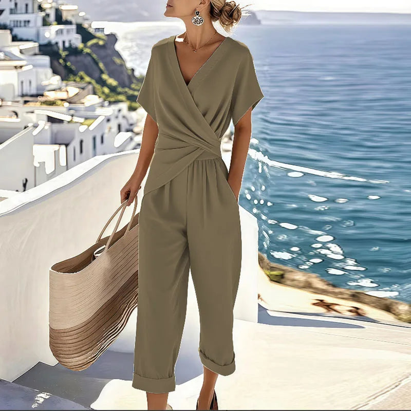 Women's Wrap V-Neck Jumpsuit with Twist Waist and Cropped Wide Legs - Khaki