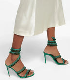 Women's Heeled Sandals with Wraparound Ankle Strap and Diamante Detail
