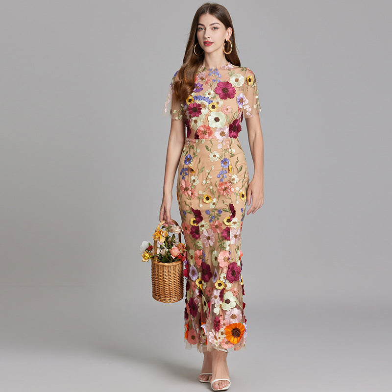 Women's Midi Dress Floral Appliqué with High Neckline and Sheer Sleeves - Beige