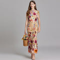 Women's Midi Dress Floral Appliqué with High Neckline and Sheer Sleeves - Beige