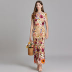 Women's Midi Dress Floral Appliqué with High Neckline and Sheer Sleeves - Beige