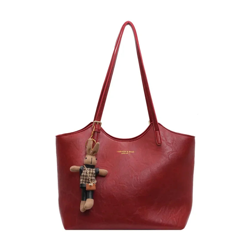 Women's Tote Bag with Detachable Charm and Vintage Finish - Red