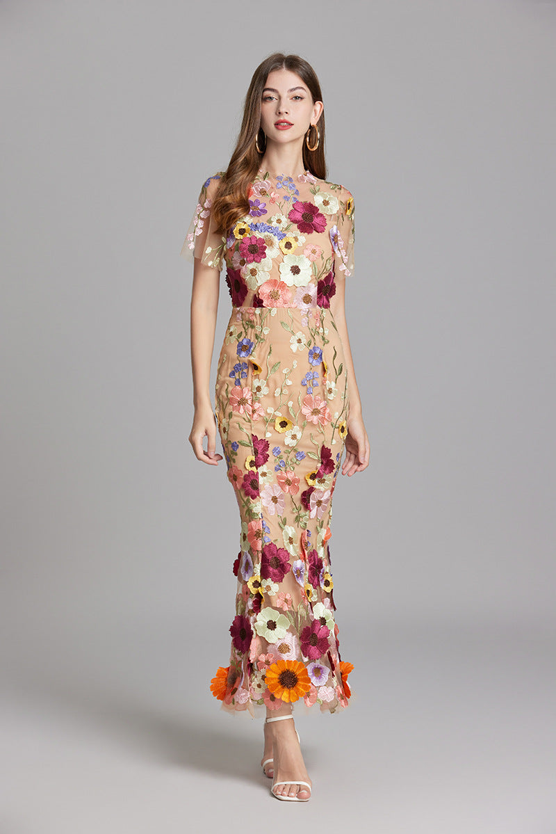Women's Midi Dress Floral Appliqué with High Neckline and Sheer Sleeves - 14