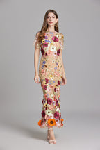 Women's Midi Dress Floral Appliqué with High Neckline and Sheer Sleeves - 14