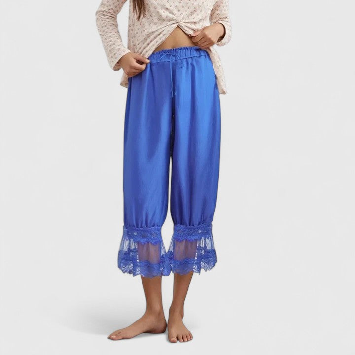 Women's Trousers with Lace Trim and Relaxed Fit - Blue