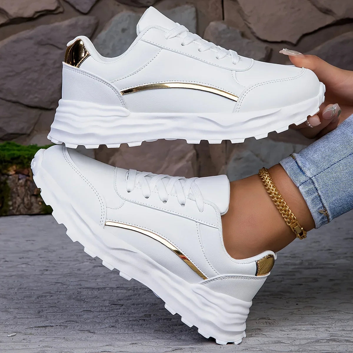 Women's Sneakers with Faux Leather Finish and Metallic Trim - 8