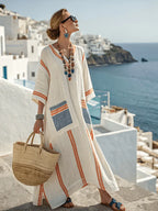 Women's Kaftan Maxi Dress with V-Neck and Striped Trim - 6
