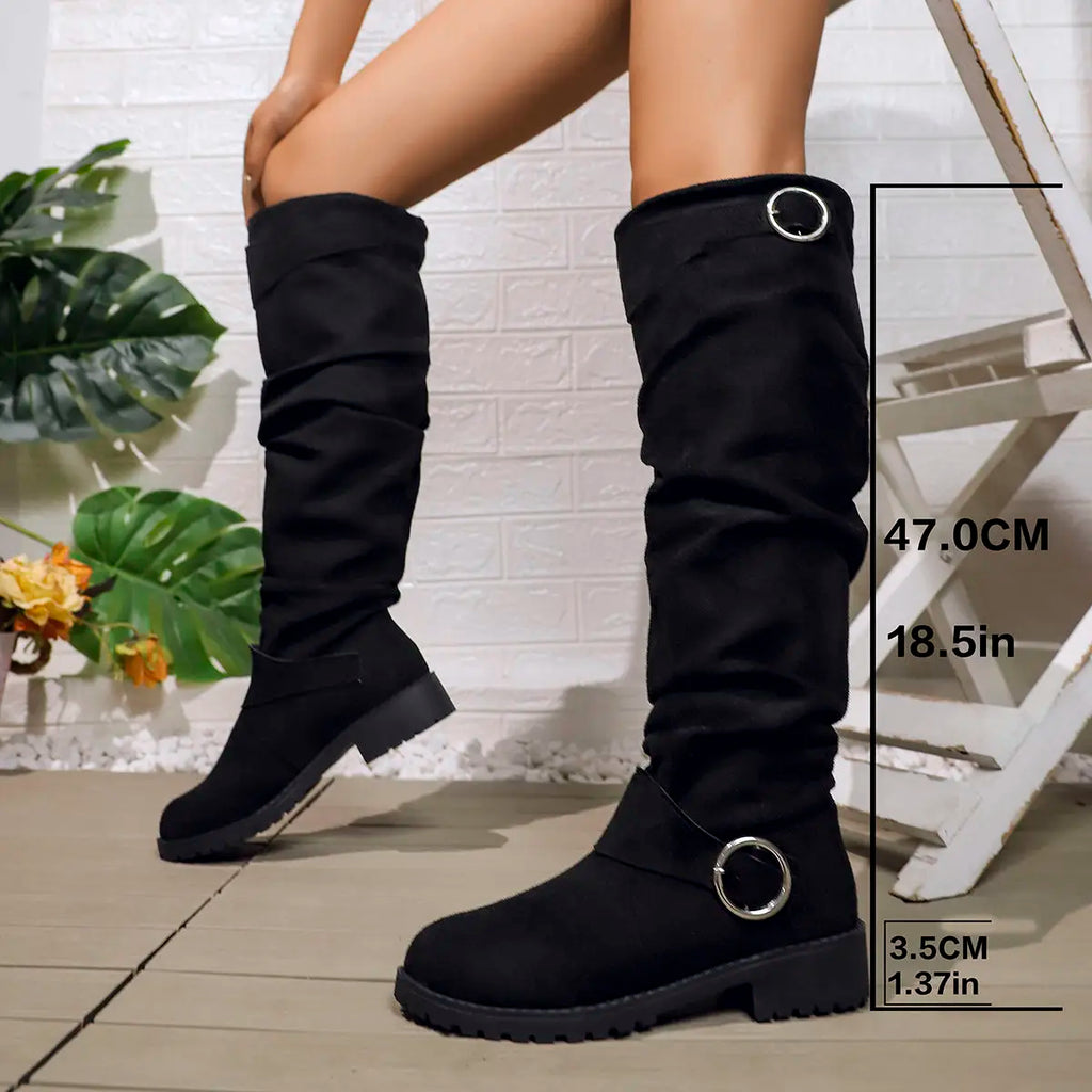 Women's Knee High Boots with Slouchy Fit and Buckle Detail - Black