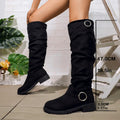Women's Knee High Boots with Slouchy Fit and Buckle Detail - Black