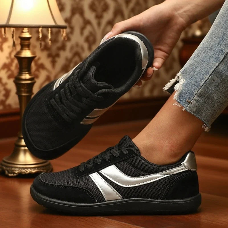 Women's Wide-Fit Canvas Trainers with Lace-Up Front and Flatform Sole - Black Silver