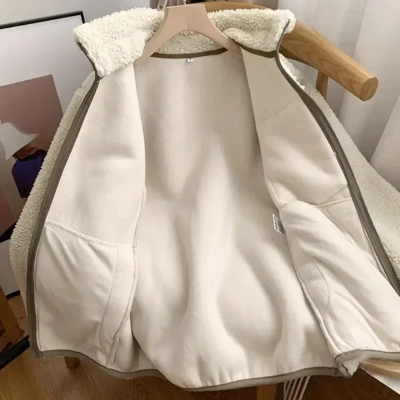 Women's Teddy Coat with High Collar and Zip Pocket - 15