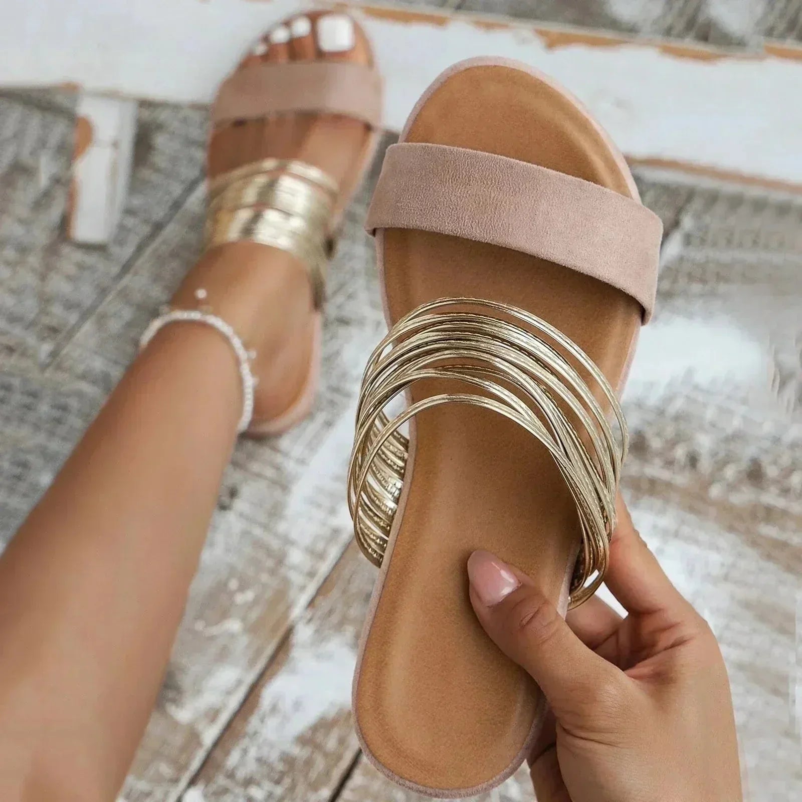 Women's Slide Sandals with Metallic Strap Detail - Khaki