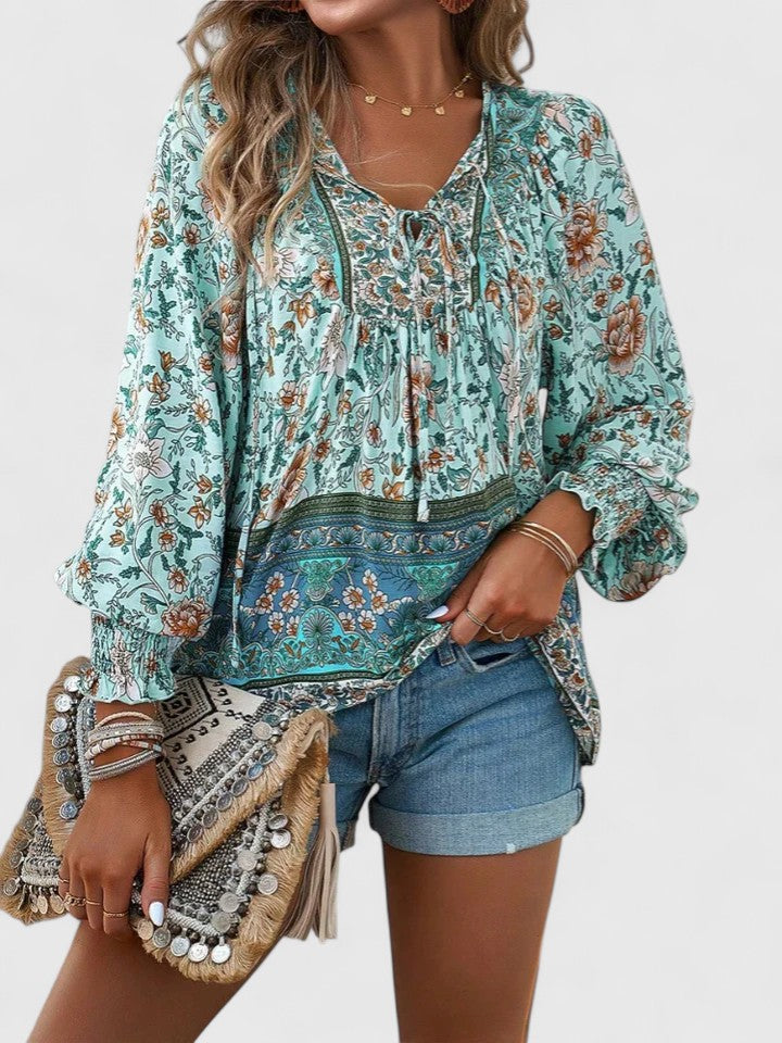 Women's Long Sleeve Blouse with Tie Neck and Floral Print - Blue
