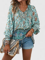 Women's Long Sleeve Blouse with Tie Neck and Floral Print - Blue