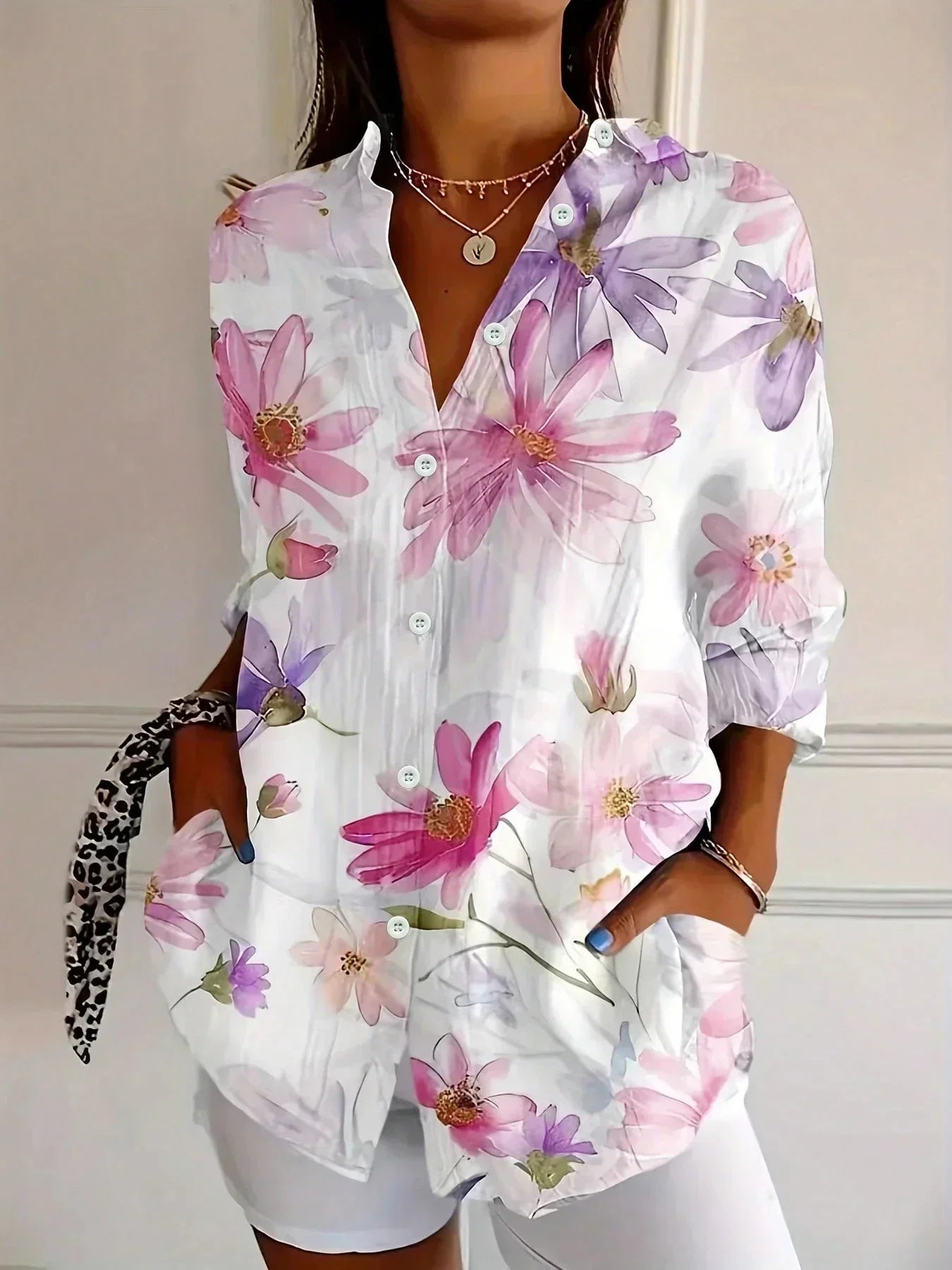 Women Floral Print Button-Up Blouse with Classic Collar and Long Sleeves - White