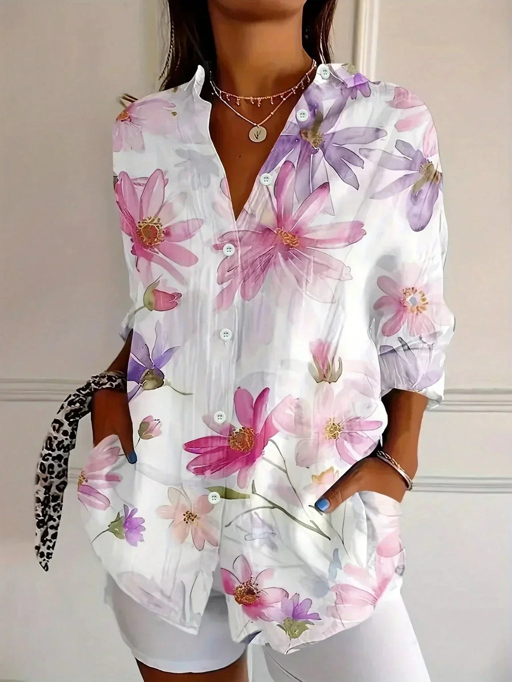 Women's Blouse Long Sleeve with V-Neck and Floral Print - White