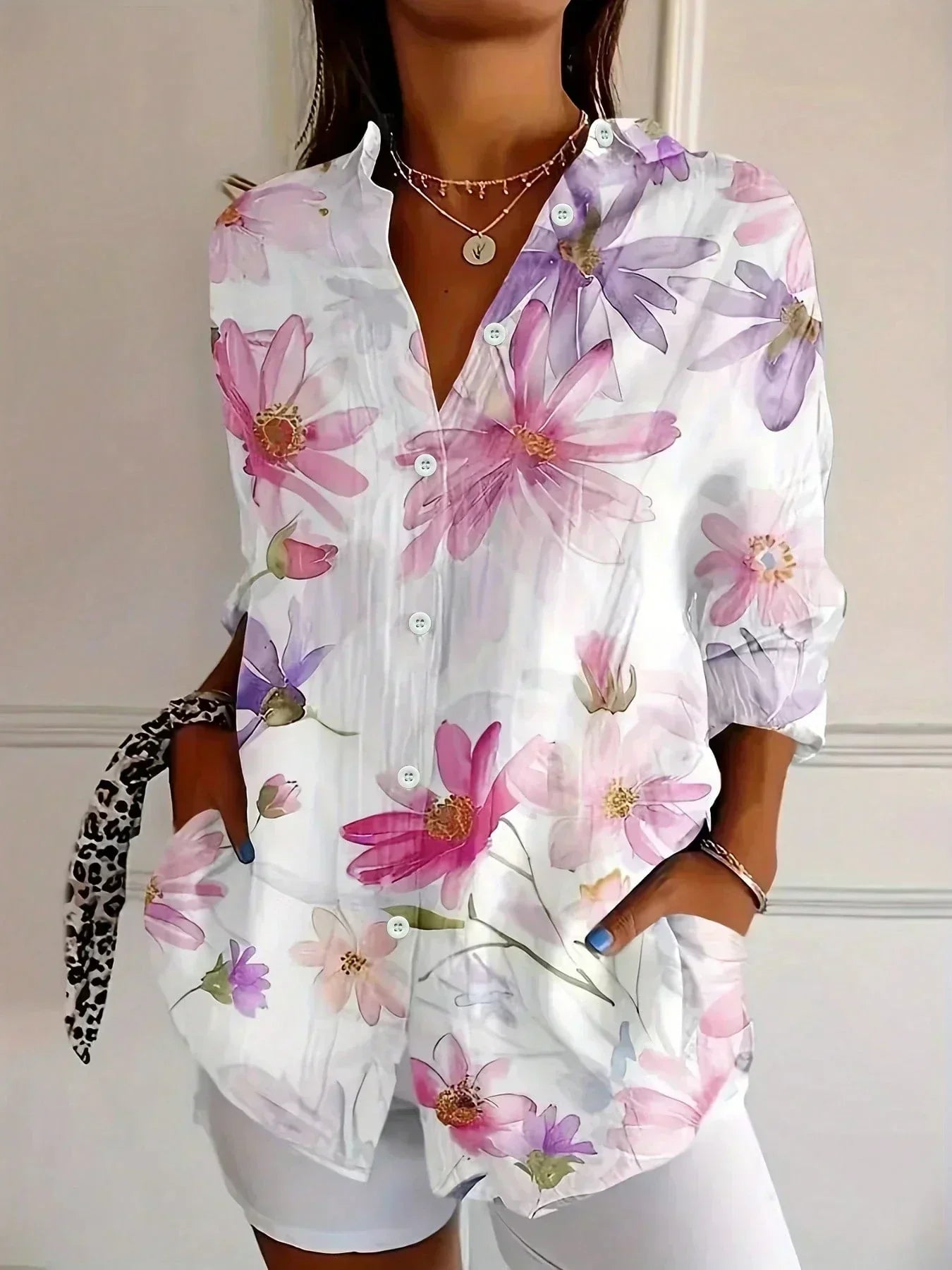 Women's Blouse Long Sleeve with V-Neck and Floral Print - White