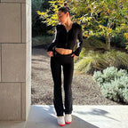 Women's Zip Front Lounge Set with Cropped Top and Flared Trousers - 19
