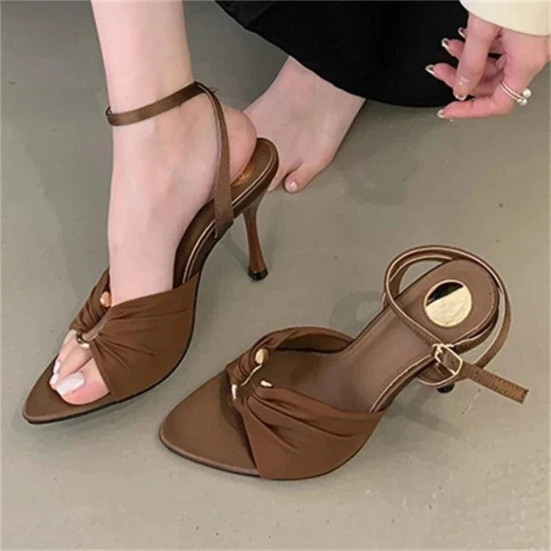 Women's Pleated Buckle Heeled Sandals with Ankle Strap - 3