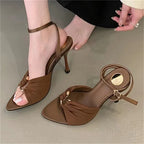 Women's Pleated Buckle Heeled Sandals with Ankle Strap - 3