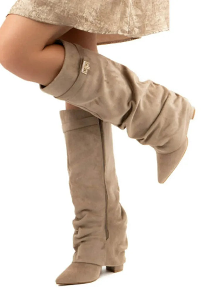 Women's Slouch Boots with Pointed Toe and Low Heel - 6