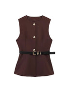 Women's Waistcoat Sleeveless with Gold Buttons and Belted Waist - 5