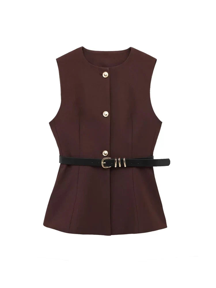 Women's Waistcoat Sleeveless with Gold Buttons and Belted Waist - 5