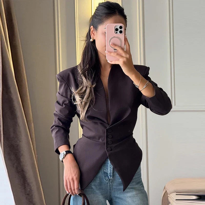 Women's Pleated Blazer Jacket with Wrap Front and Button Detail - Brown Jacket A