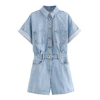 Women's Denim Playsuit with Chest Pockets and Button Front - Blue