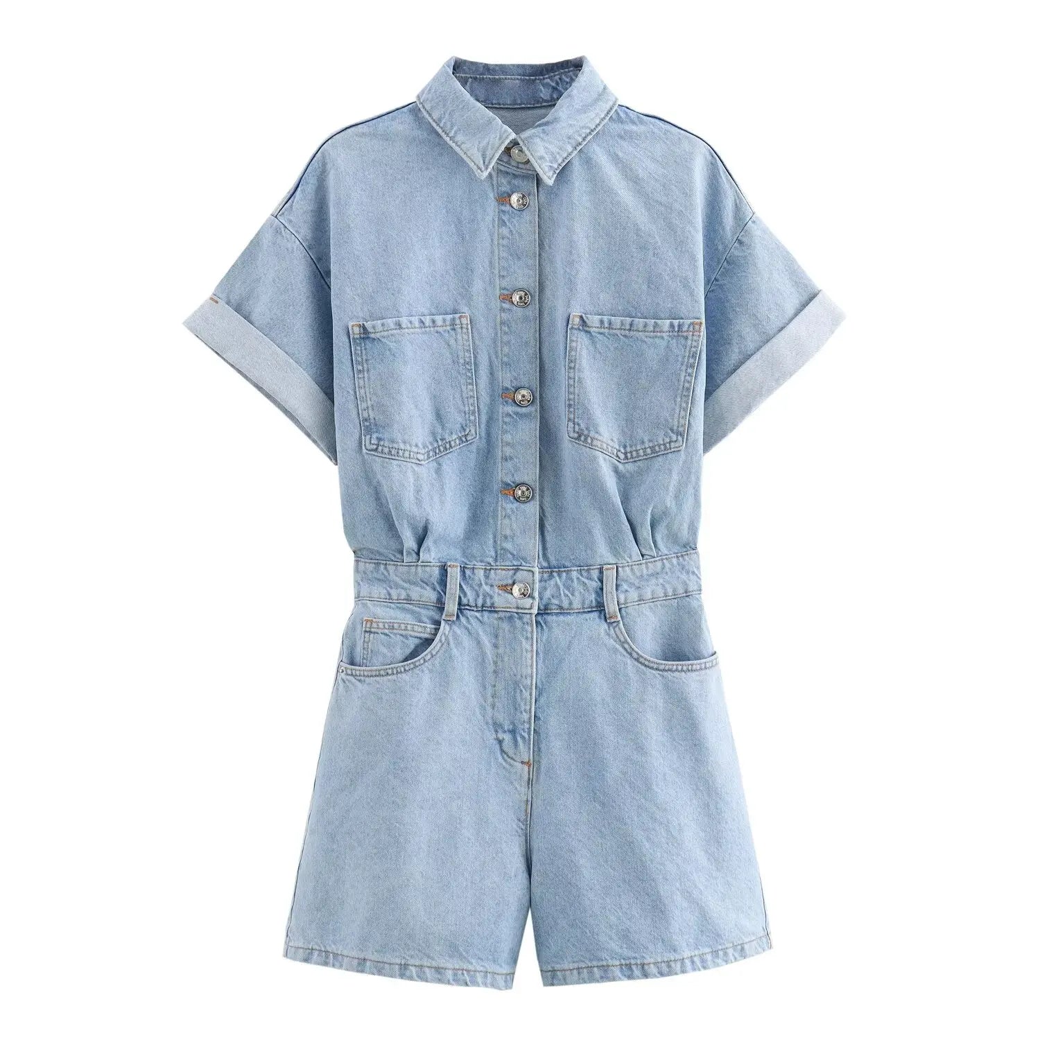 Women's Denim Playsuit with Chest Pockets and Button Front - Blue