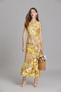 Women's Midi Dress Floral Appliqué with High Neckline and Sheer Sleeves - Yellow