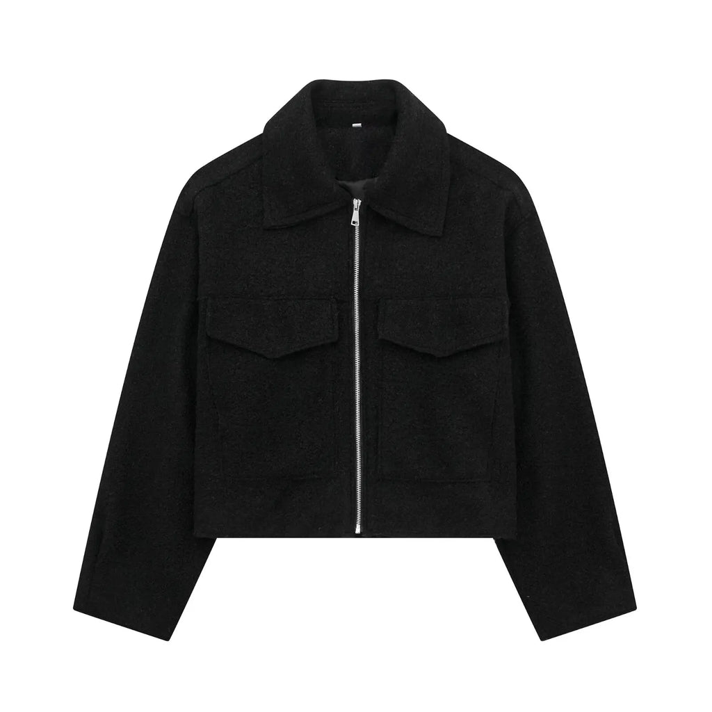 Women's Cropped Jacket with Lapel Collar and Zip Fastening - Black
