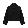 Women's Cropped Jacket with Lapel Collar and Zip Fastening - Black