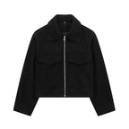 Women's Cropped Jacket with Lapel Collar and Zip Fastening - Black