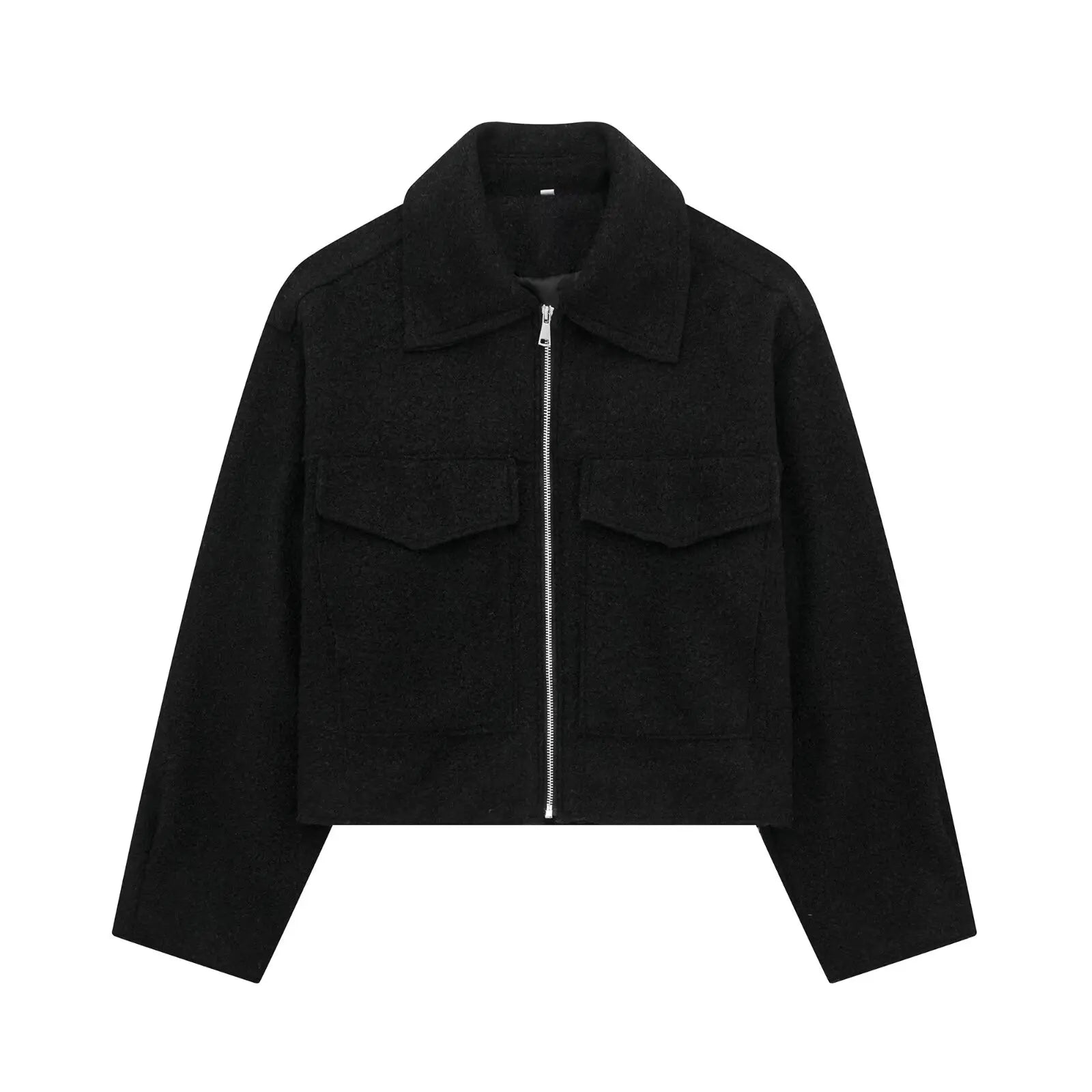 Women's Cropped Jacket with Lapel Collar and Zip Fastening - Black