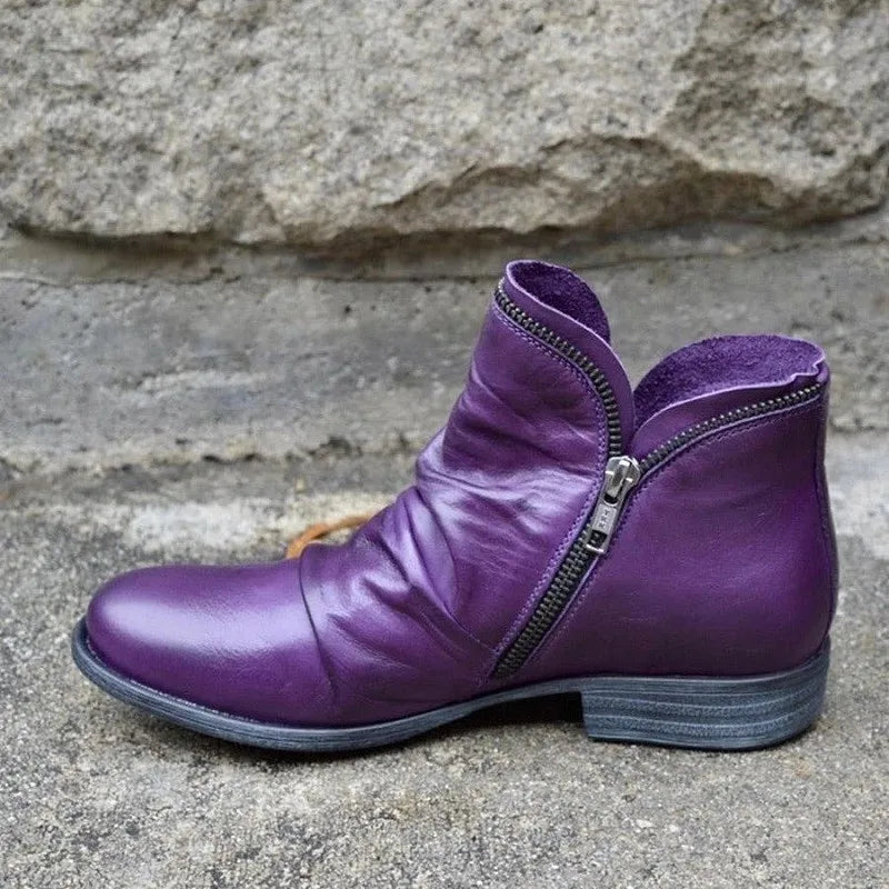 Women's Ankle Boots with Ruched Faux Leather and Side Zip - Purple