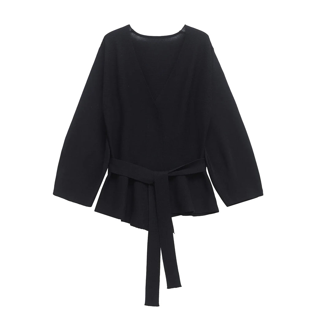 Women's Knit Blazer with Shoulder Pads and Belted Waist - Black