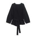 Women's Knit Blazer with Shoulder Pads and Belted Waist - Black