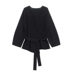 Women's Knit Blazer with Shoulder Pads and Belted Waist - Black