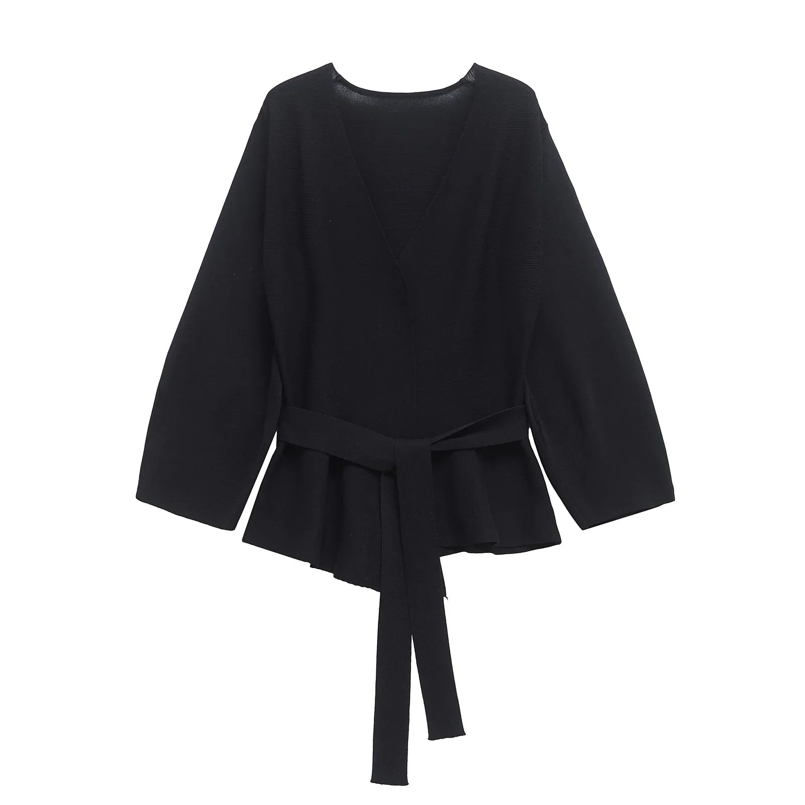 Women's Knit Blazer with Shoulder Pads and Belted Waist - Black
