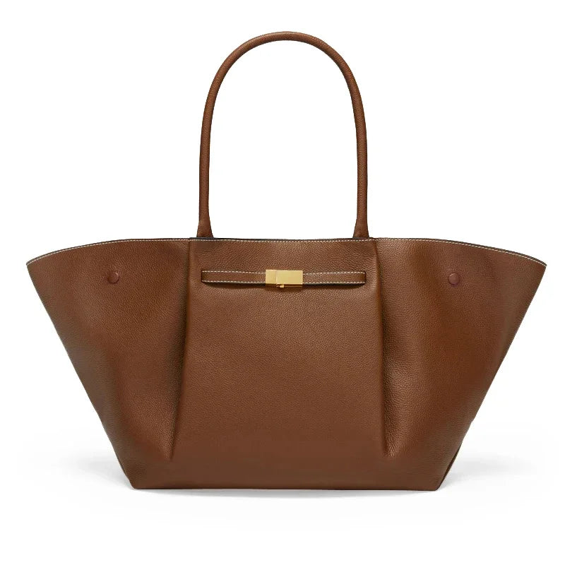 Women's Structured Tote Bag with Gold-Tone Clasp - Brown