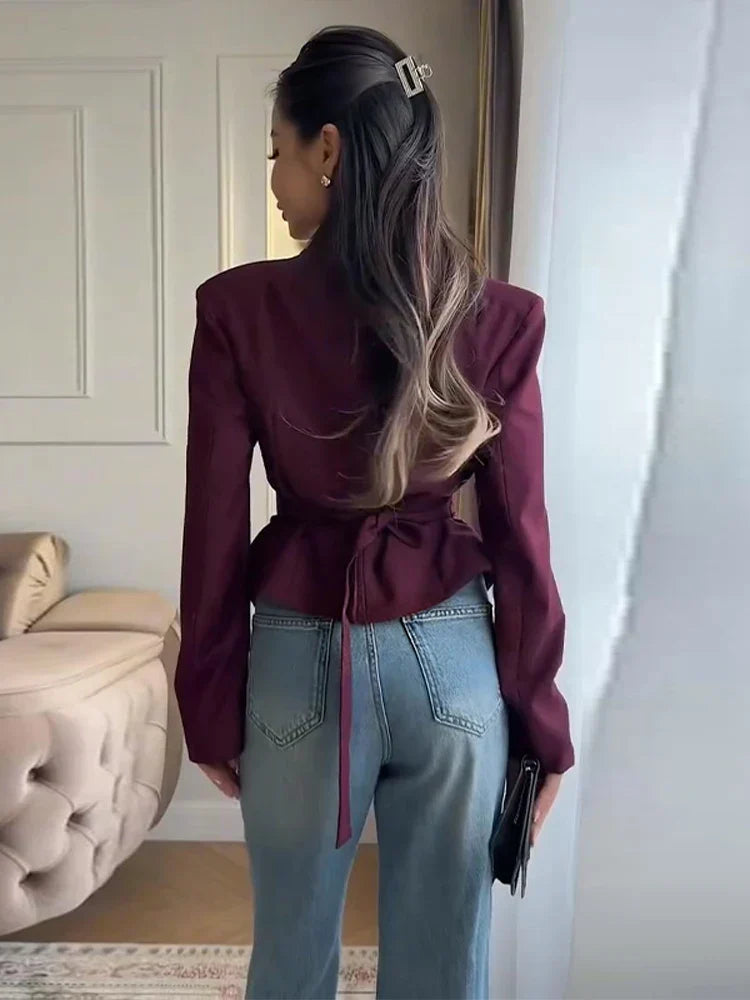 Women's Pleated Blazer Jacket with Wrap Front and Button Detail - 7