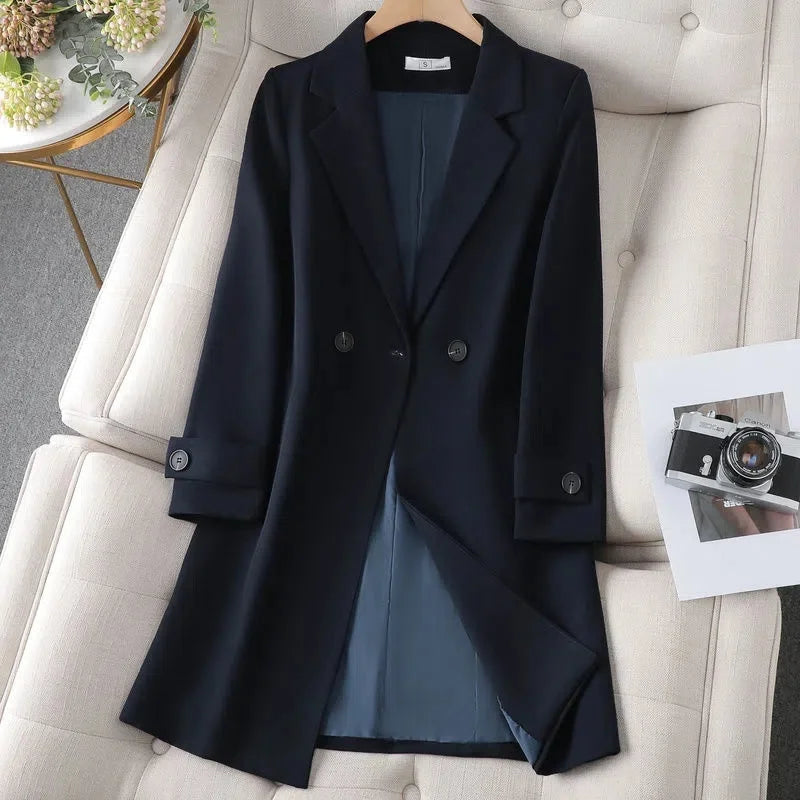 Women's Longline Blazer Coat with Tie Belt and Button Cuffs - 7
