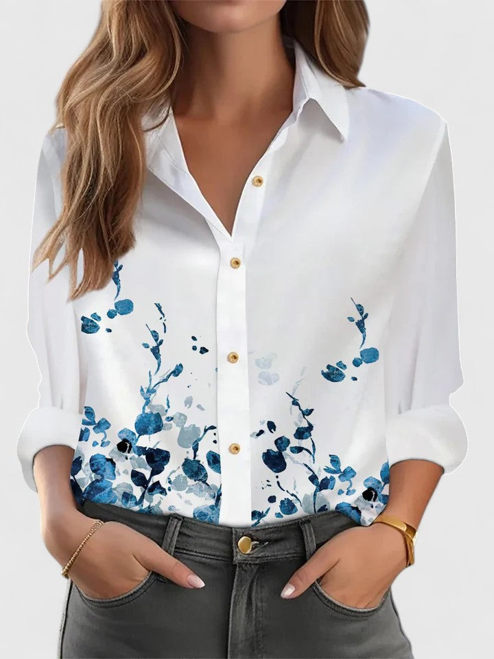 Women's Blouse Loose Fit with Long Sleeves and Point Collar - Blue