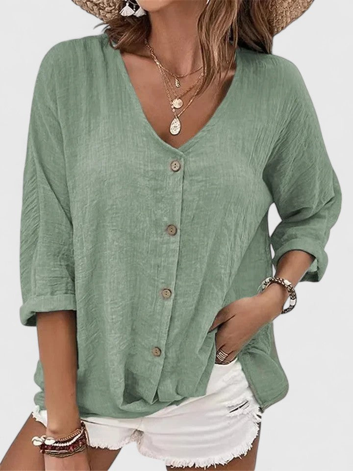 Women's Blouse V-Neck with Button Closure - Green