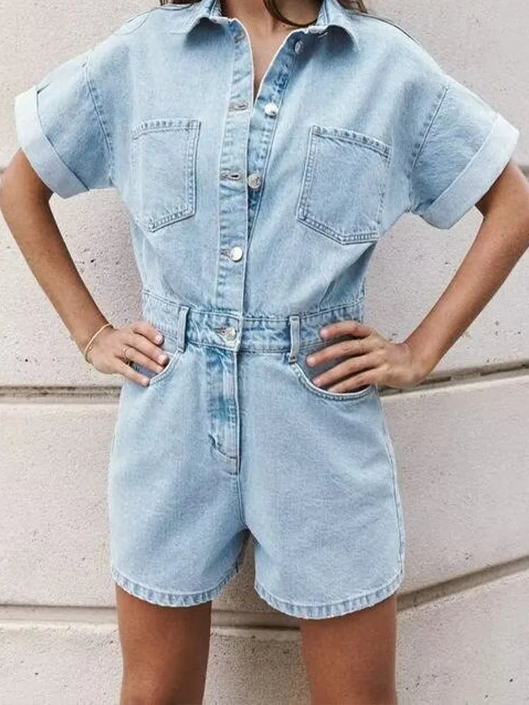 Women's Denim Playsuit with Chest Pockets and Button Front - 5