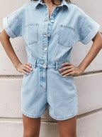 Women's Denim Playsuit with Chest Pockets and Button Front - 5