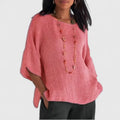 Women's Blouse Loose Fit with Round Neck and Three-Quarter Sleeves - Pink