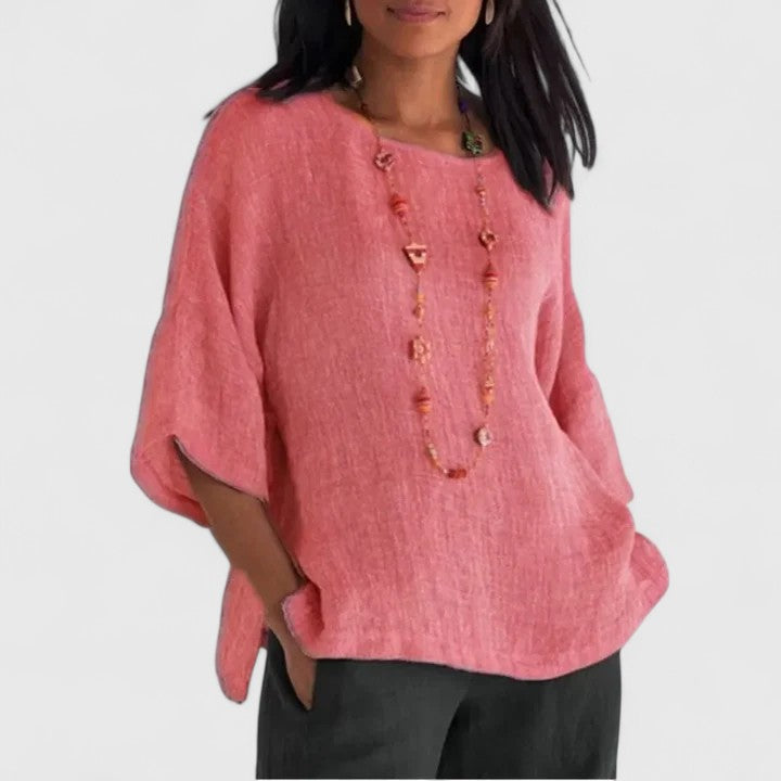 Women's Blouse Loose Fit with Round Neck and Three-Quarter Sleeves - Pink