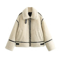 Women's Faux Fur Moto Jacket with Contrast Trim and Zip Front - 2